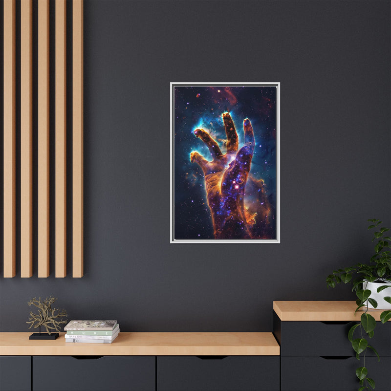 Cosmic Hand Framed Canvas Art — Nebula Space Wall Print