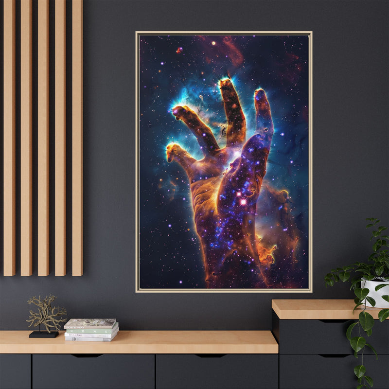 Cosmic Hand Framed Canvas Art — Nebula Space Wall Print