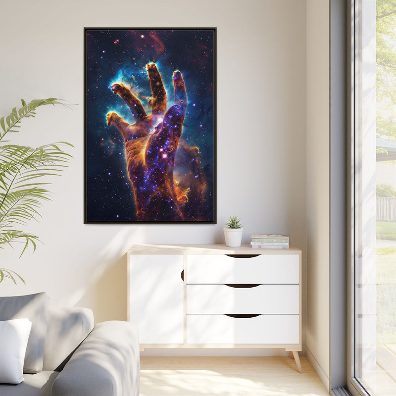 Cosmic Hand Framed Canvas Art — Nebula Space Wall Print