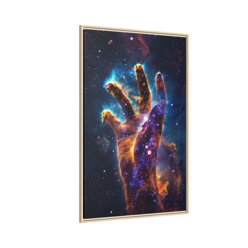 Cosmic Hand Framed Canvas Art — Nebula Space Wall Print