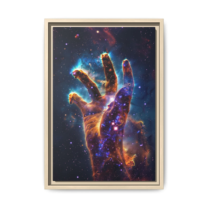 Cosmic Hand Framed Canvas Art — Nebula Space Wall Print