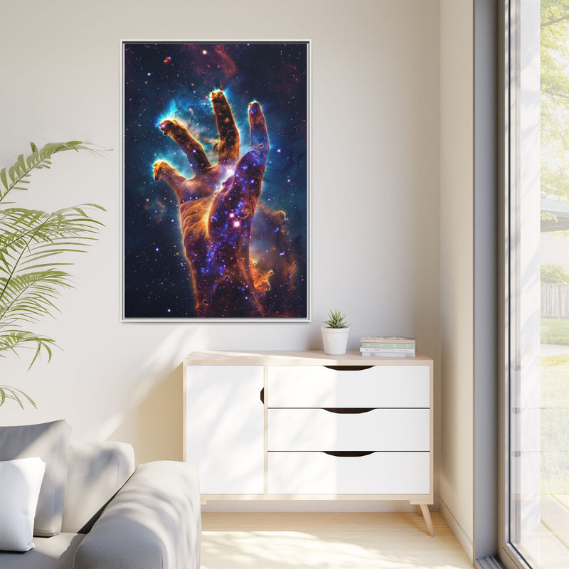 Cosmic Hand Framed Canvas Art — Nebula Space Wall Print