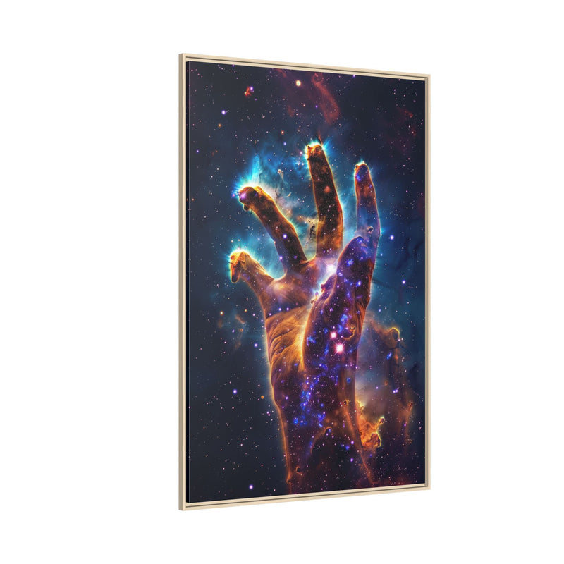 Cosmic Hand Framed Canvas Art — Nebula Space Wall Print