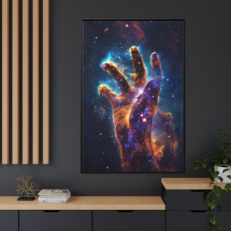 Cosmic Hand Framed Canvas Art — Nebula Space Wall Print