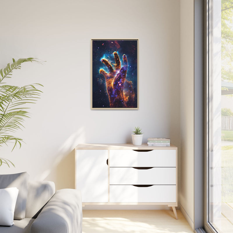 Cosmic Hand Framed Canvas Art — Nebula Space Wall Print