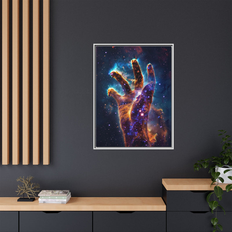 Cosmic Hand Framed Canvas Art — Nebula Space Wall Print