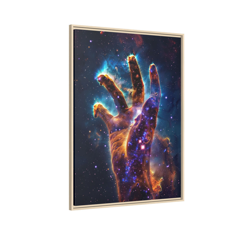 Cosmic Hand Framed Canvas Art — Nebula Space Wall Print
