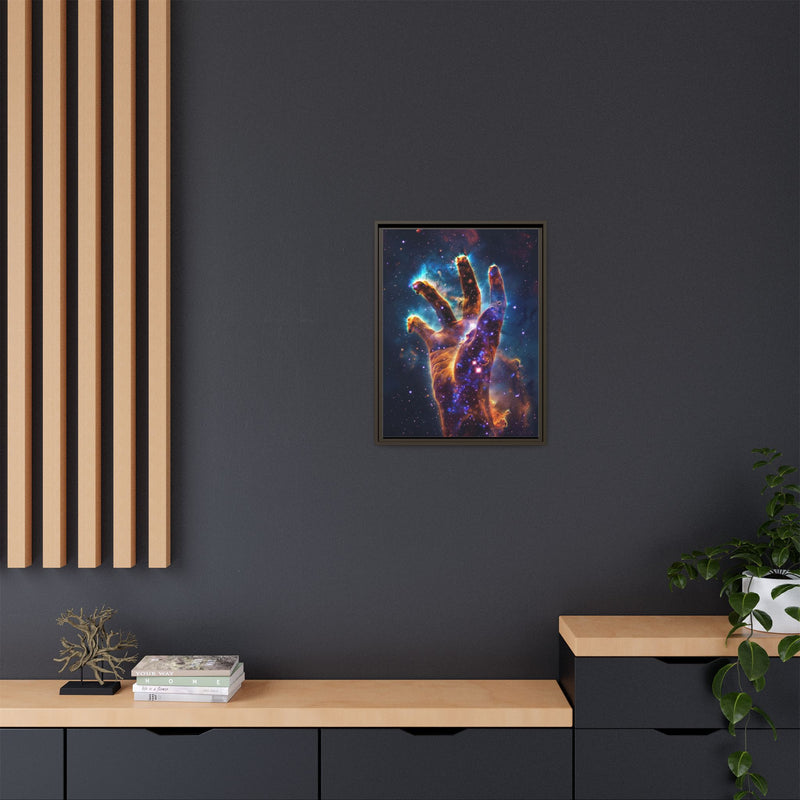 Cosmic Hand Framed Canvas Art — Nebula Space Wall Print