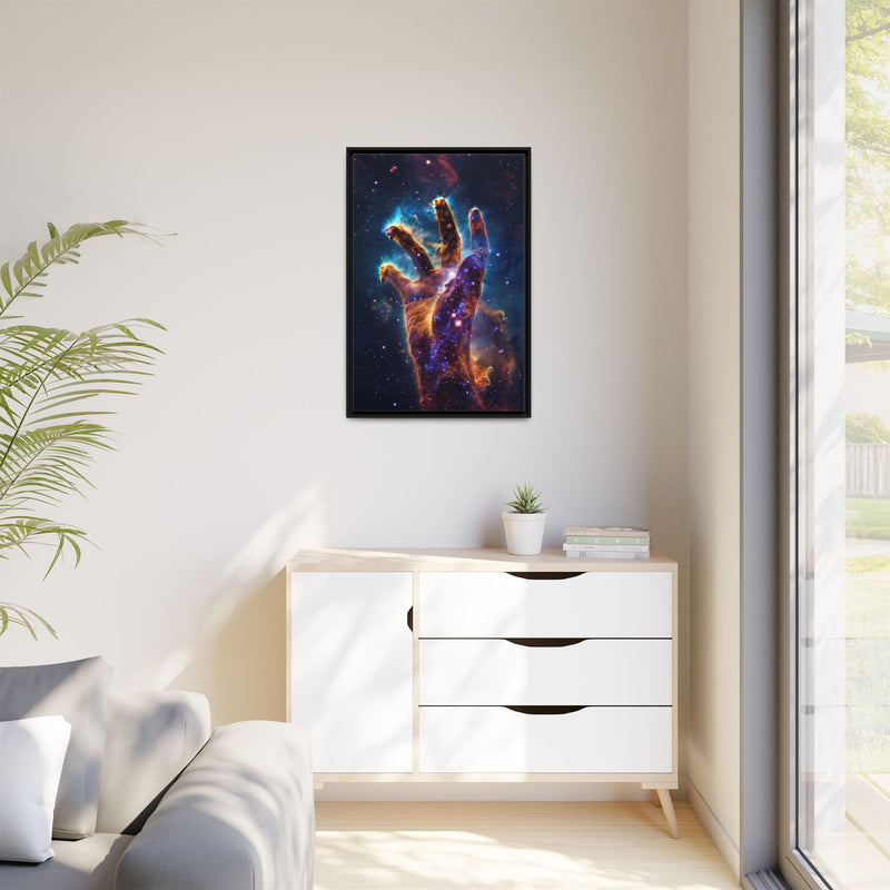 Cosmic Hand Framed Canvas Art — Nebula Space Wall Print