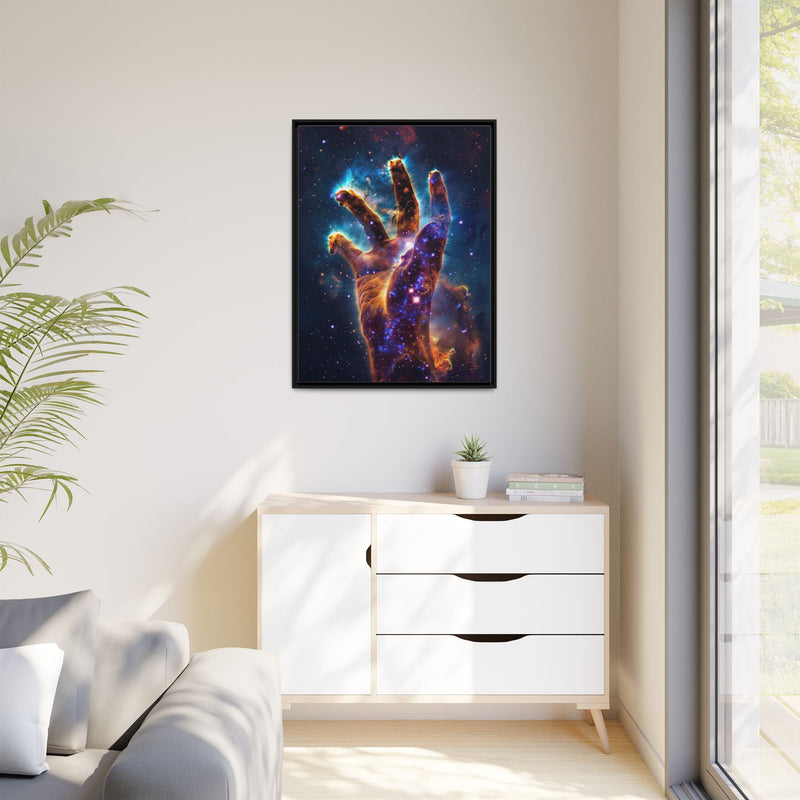 Cosmic Hand Framed Canvas Art — Nebula Space Wall Print