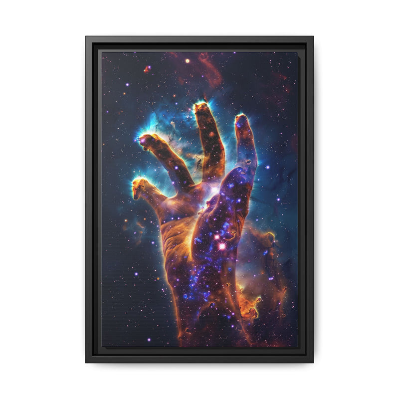 Cosmic Hand Framed Canvas Art — Nebula Space Wall Print