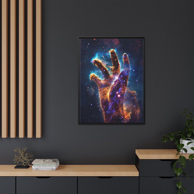 Cosmic Hand Framed Canvas Art — Nebula Space Wall Print