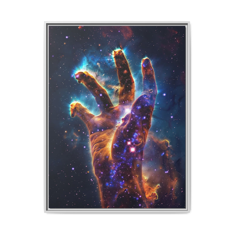 Cosmic Hand Framed Canvas Art — Nebula Space Wall Print