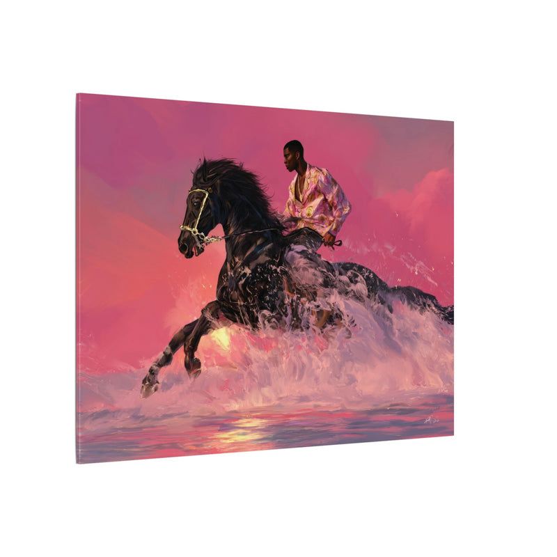 Canvas Wall Art – Black Horse Rider in Pink Sunset