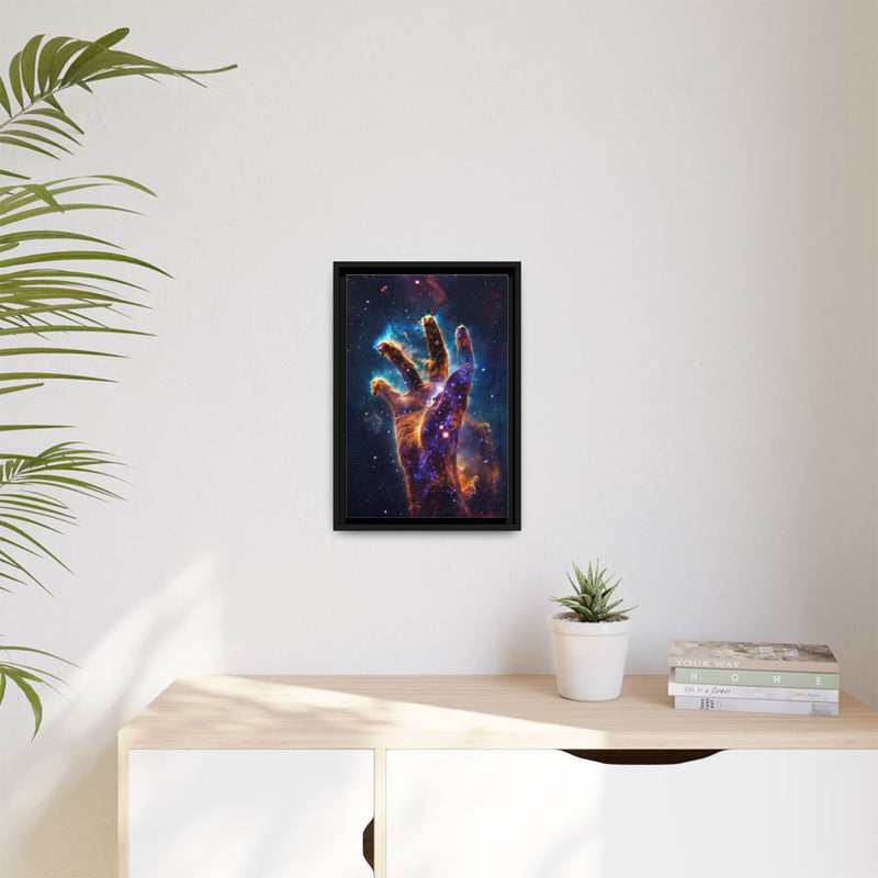 Cosmic Hand Framed Canvas Art — Nebula Space Wall Print