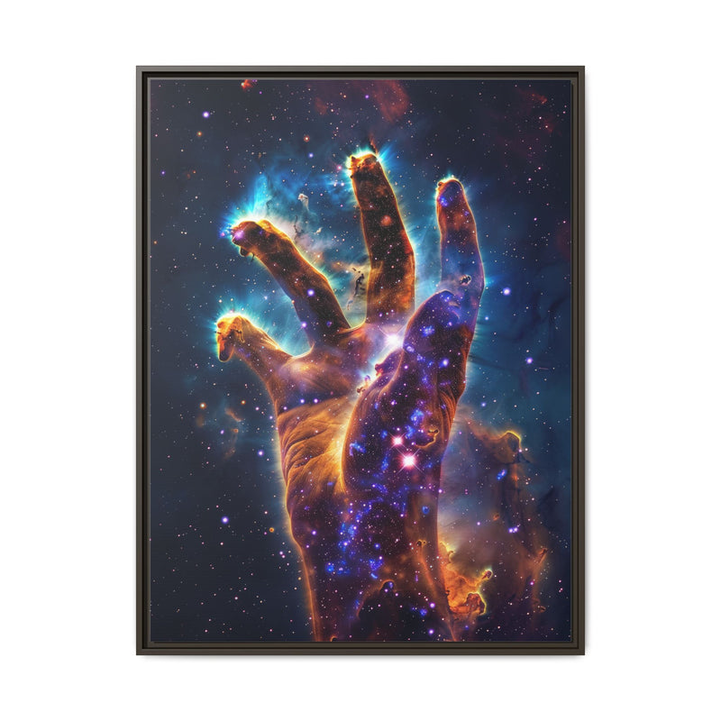 Cosmic Hand Framed Canvas Art — Nebula Space Wall Print