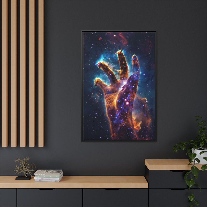Cosmic Hand Framed Canvas Art — Nebula Space Wall Print
