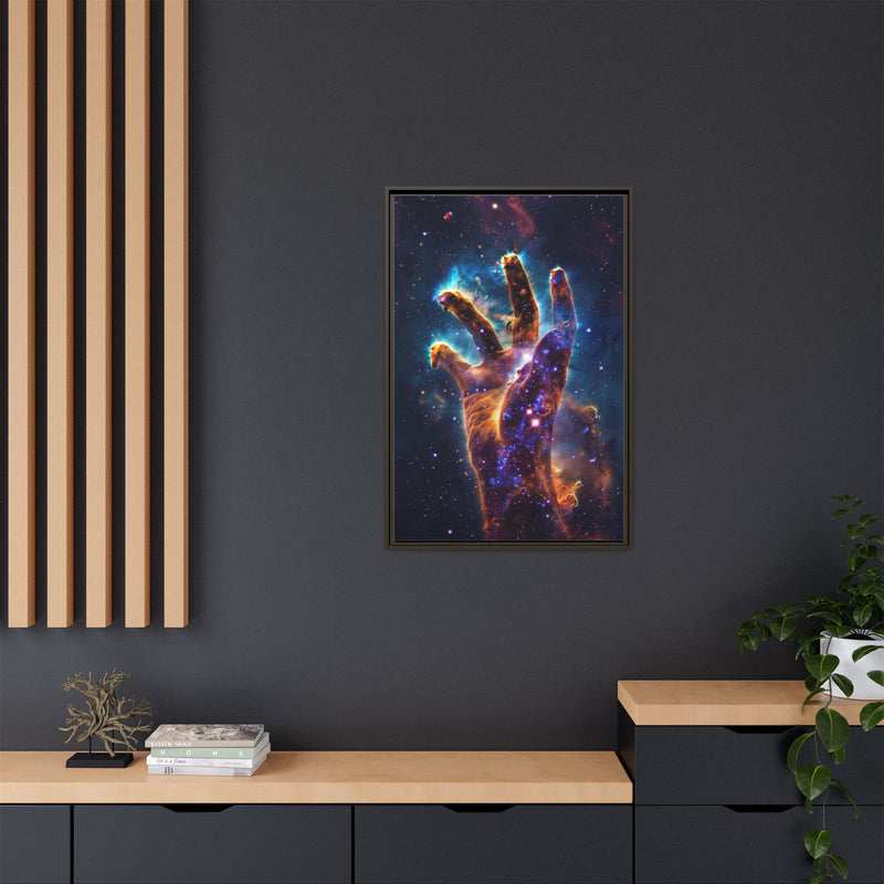 Cosmic Hand Framed Canvas Art — Nebula Space Wall Print