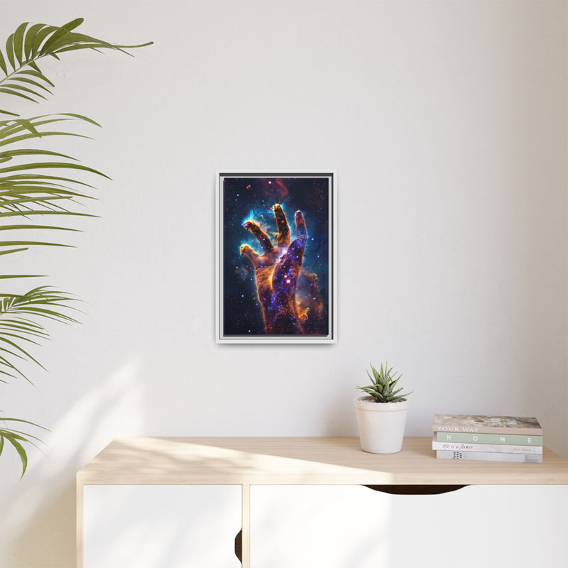 Cosmic Hand Framed Canvas Art — Nebula Space Wall Print