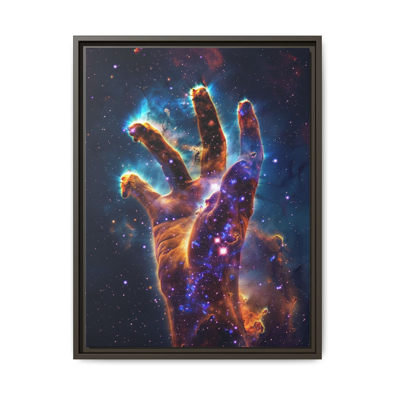 Cosmic Hand Framed Canvas Art — Nebula Space Wall Print