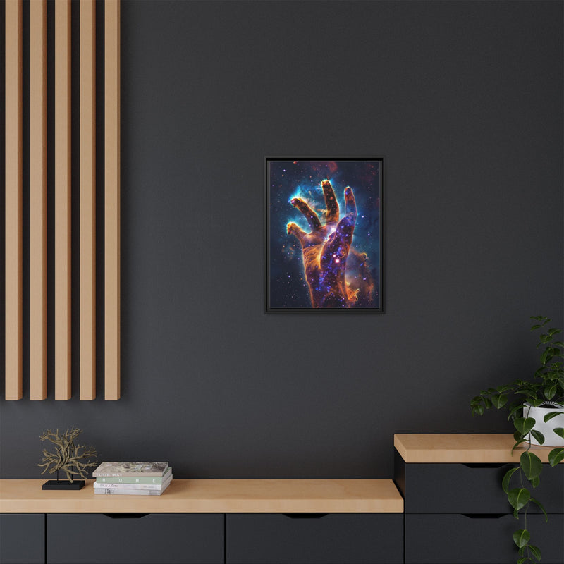 Cosmic Hand Framed Canvas Art — Nebula Space Wall Print