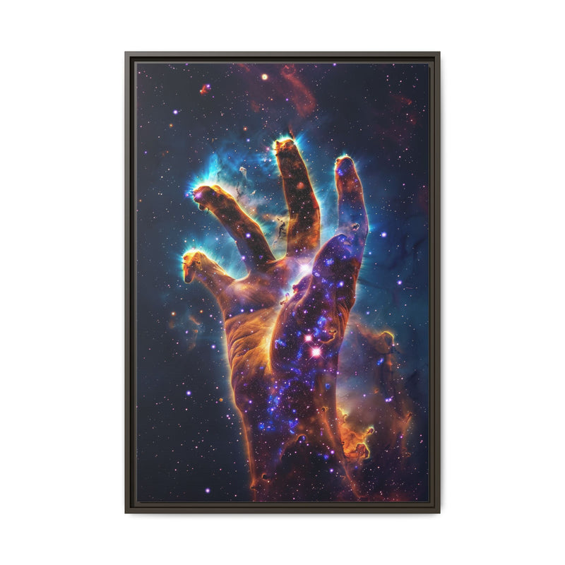 Cosmic Hand Framed Canvas Art — Nebula Space Wall Print