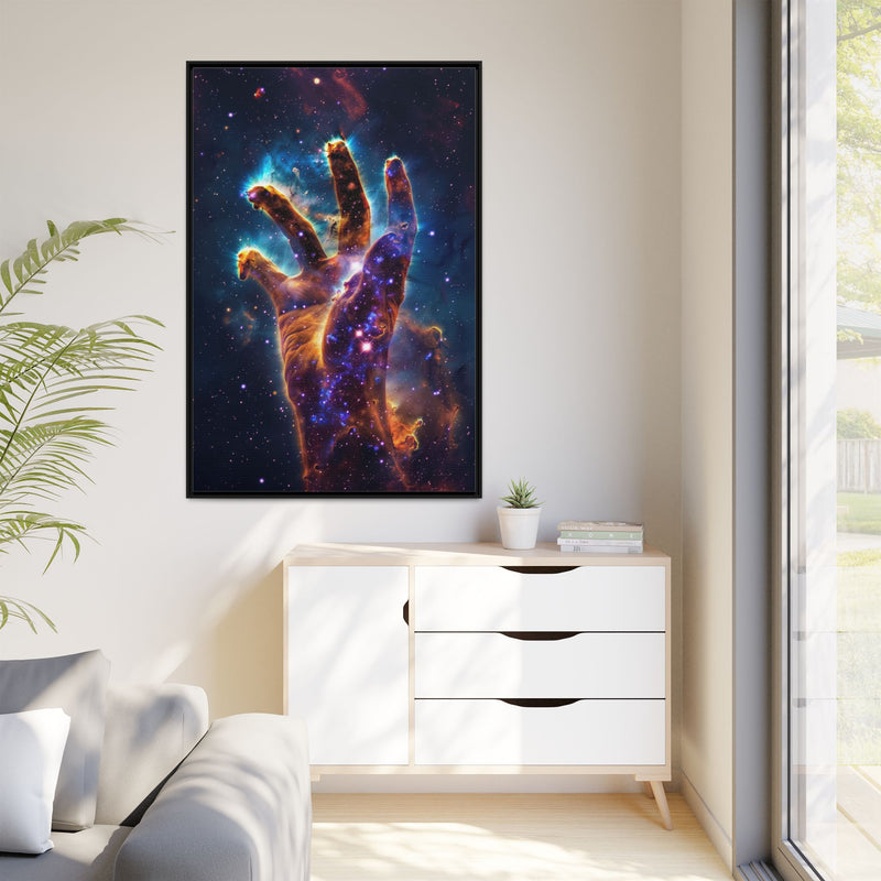 Cosmic Hand Framed Canvas Art — Nebula Space Wall Print