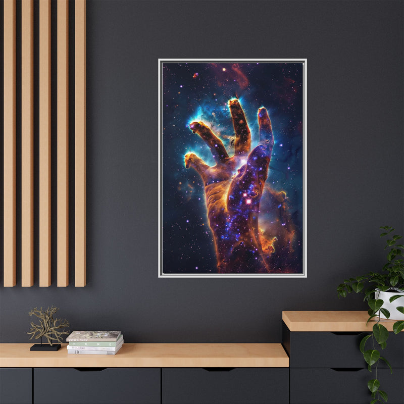 Cosmic Hand Framed Canvas Art — Nebula Space Wall Print