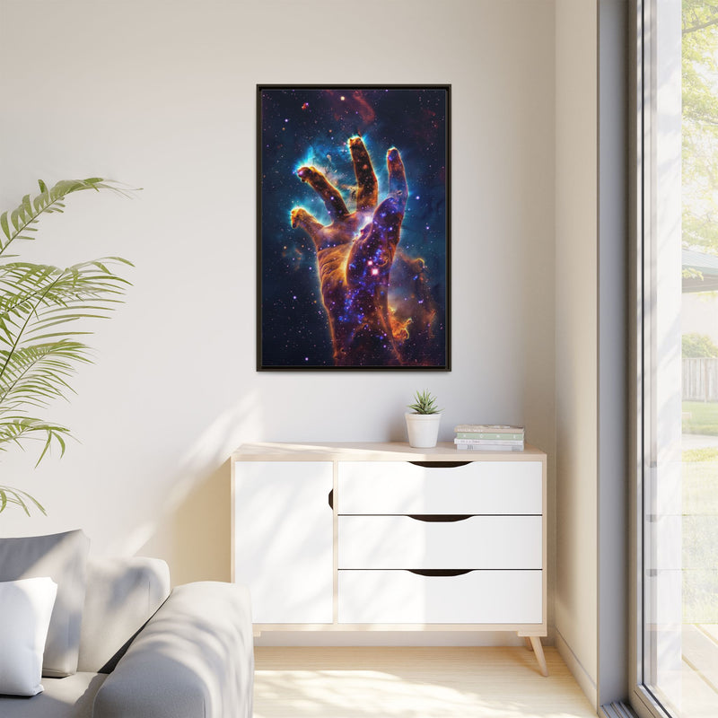 Cosmic Hand Framed Canvas Art — Nebula Space Wall Print