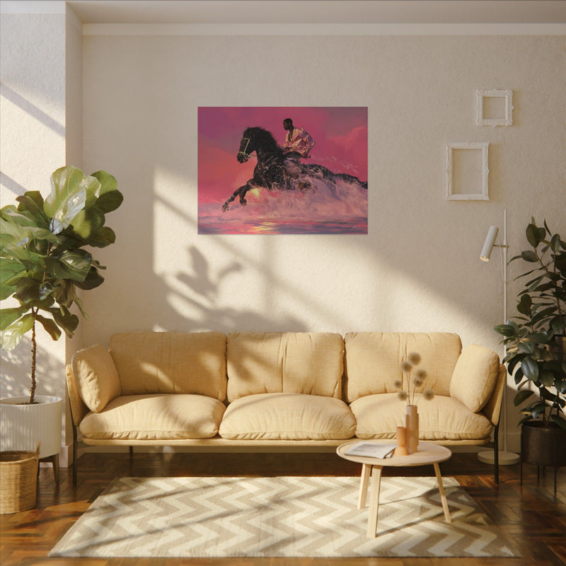 Canvas Wall Art – Black Horse Rider in Pink Sunset