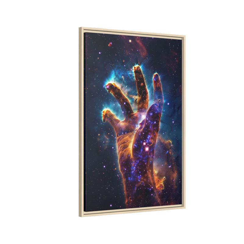 Cosmic Hand Framed Canvas Art — Nebula Space Wall Print