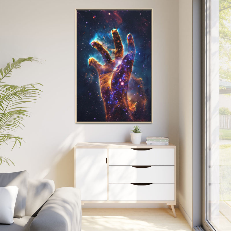 Cosmic Hand Framed Canvas Art — Nebula Space Wall Print