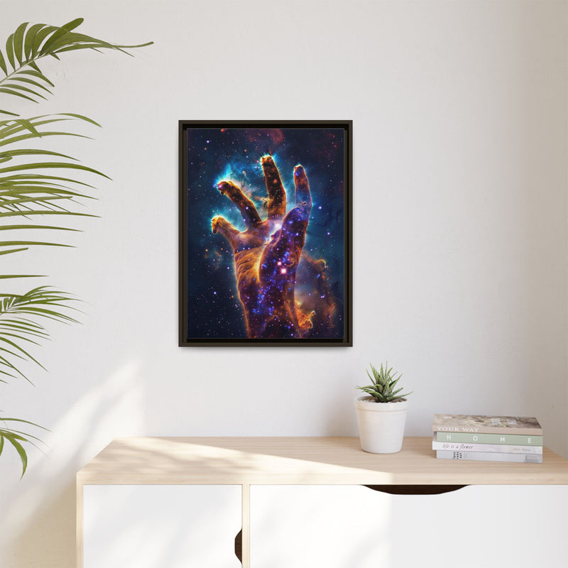 Cosmic Hand Framed Canvas Art — Nebula Space Wall Print