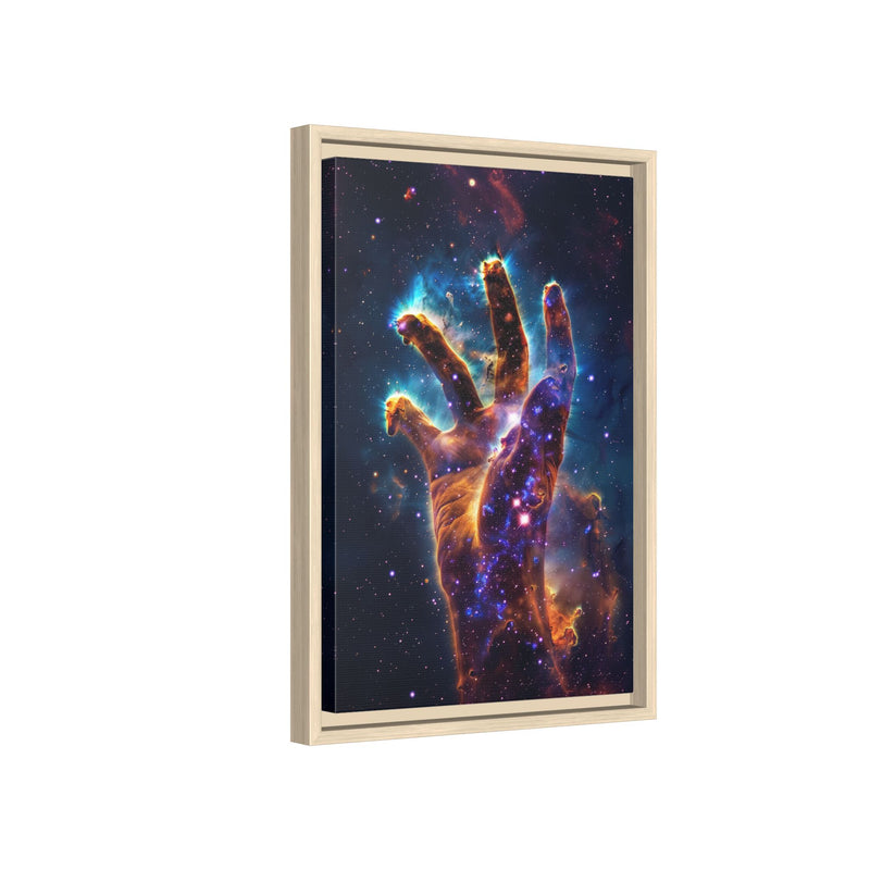 Cosmic Hand Framed Canvas Art — Nebula Space Wall Print