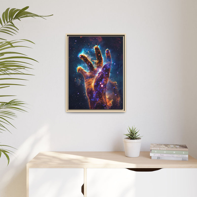 Cosmic Hand Framed Canvas Art — Nebula Space Wall Print