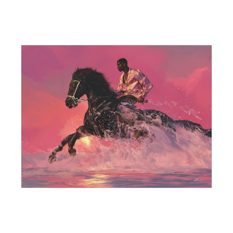 Canvas Wall Art – Black Horse Rider in Pink Sunset