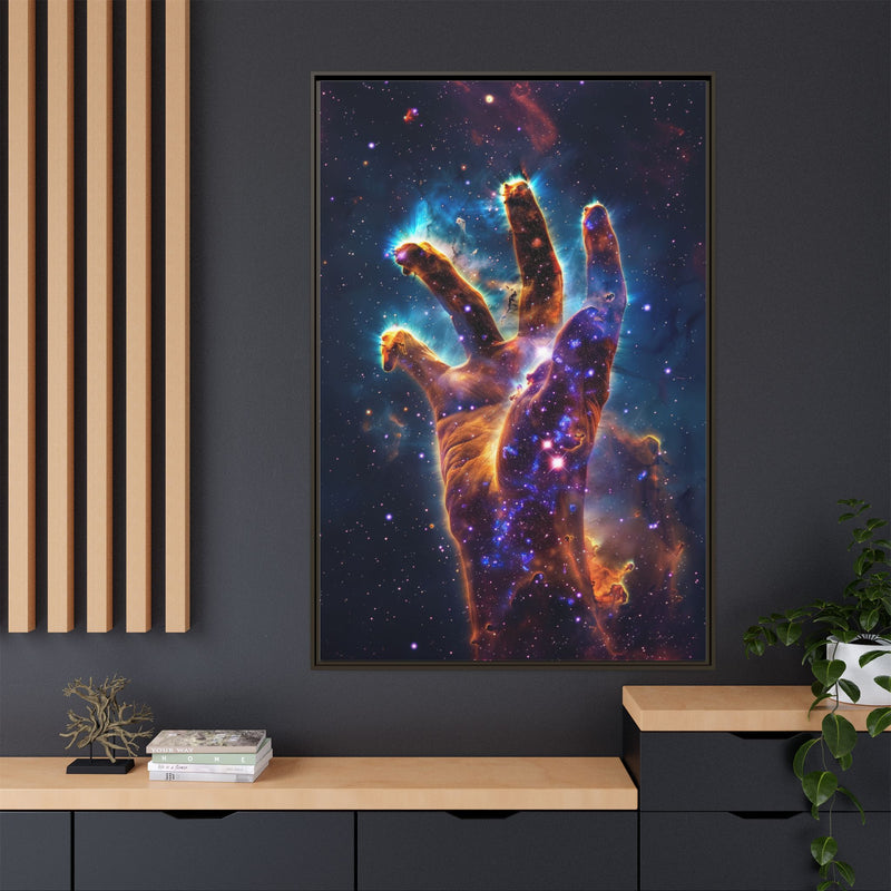 Cosmic Hand Framed Canvas Art — Nebula Space Wall Print
