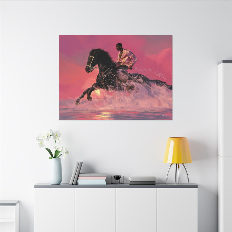 Canvas Wall Art – Black Horse Rider in Pink Sunset