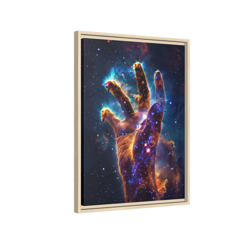 Cosmic Hand Framed Canvas Art — Nebula Space Wall Print
