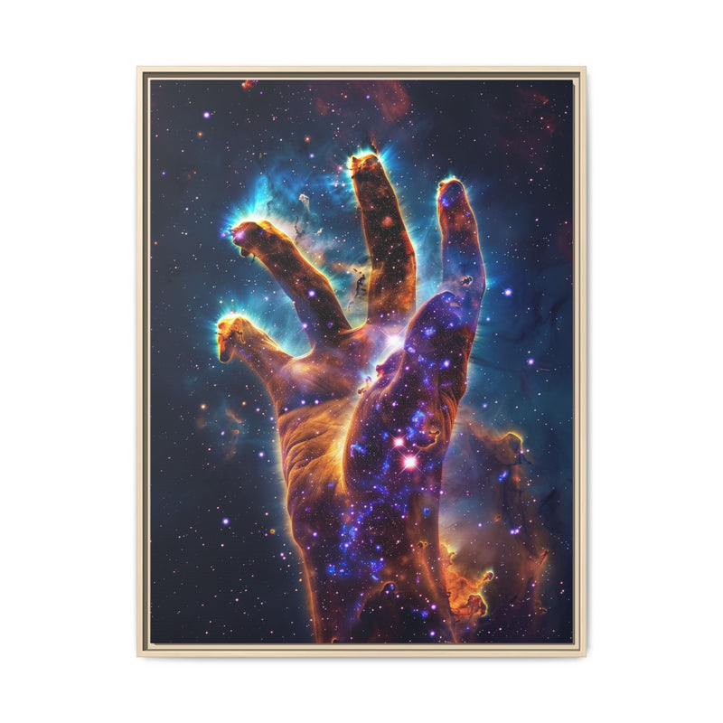 Cosmic Hand Framed Canvas Art — Nebula Space Wall Print