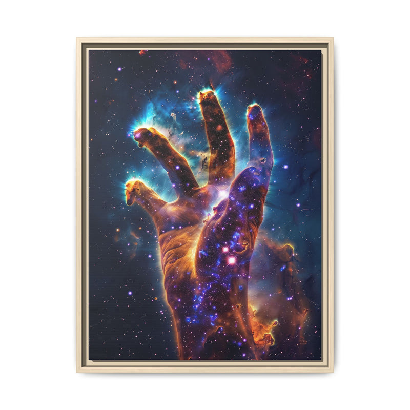 Cosmic Hand Framed Canvas Art — Nebula Space Wall Print