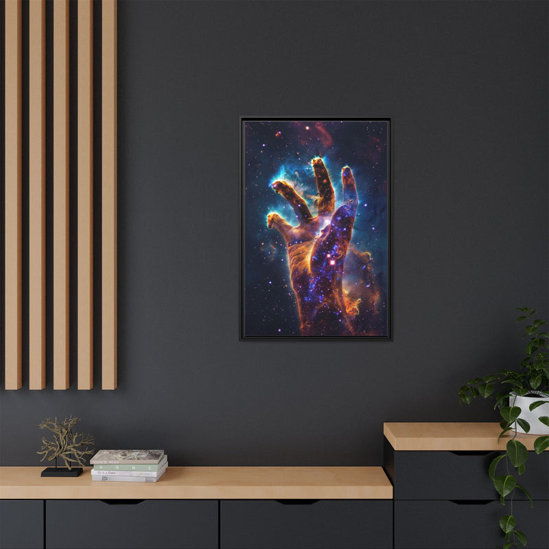 Cosmic Hand Framed Canvas Art — Nebula Space Wall Print