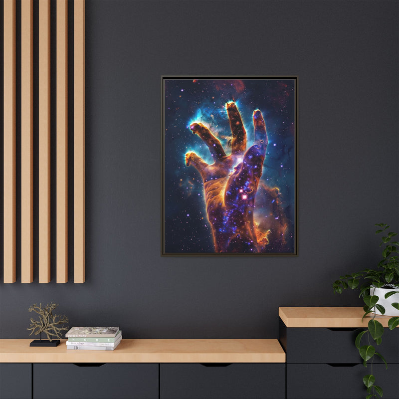 Cosmic Hand Framed Canvas Art — Nebula Space Wall Print