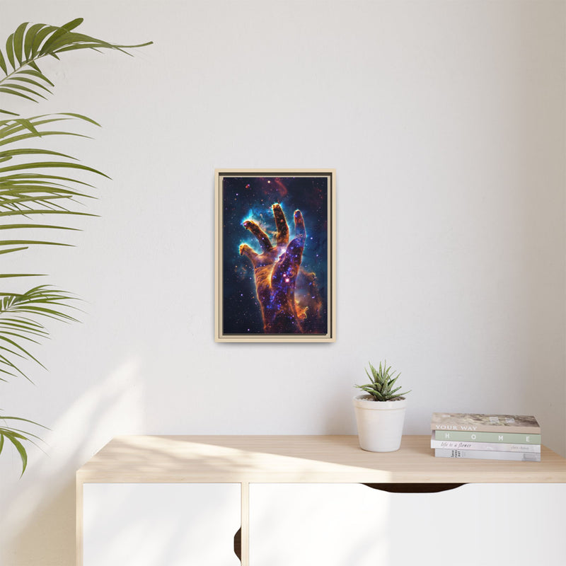 Cosmic Hand Framed Canvas Art — Nebula Space Wall Print