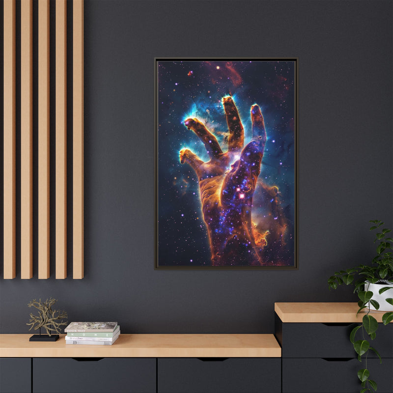 Cosmic Hand Framed Canvas Art — Nebula Space Wall Print