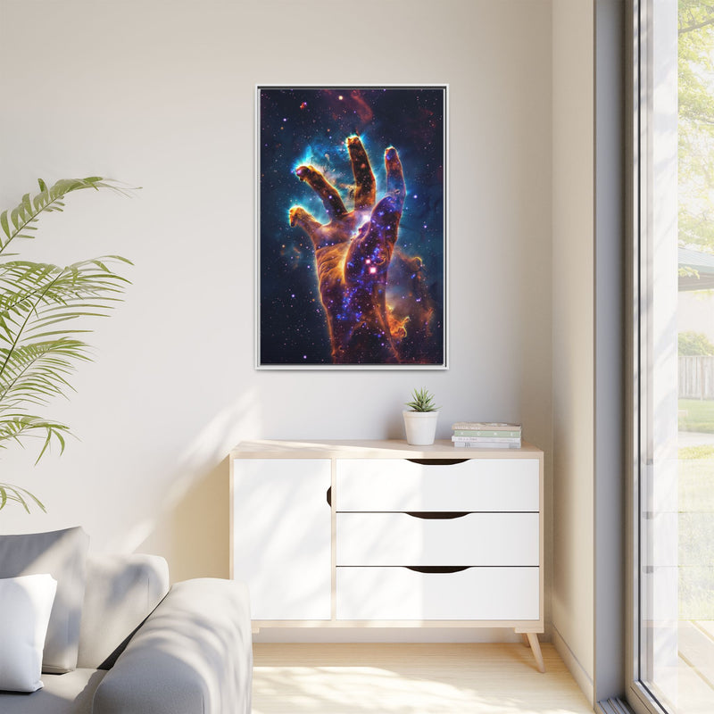 Cosmic Hand Framed Canvas Art — Nebula Space Wall Print