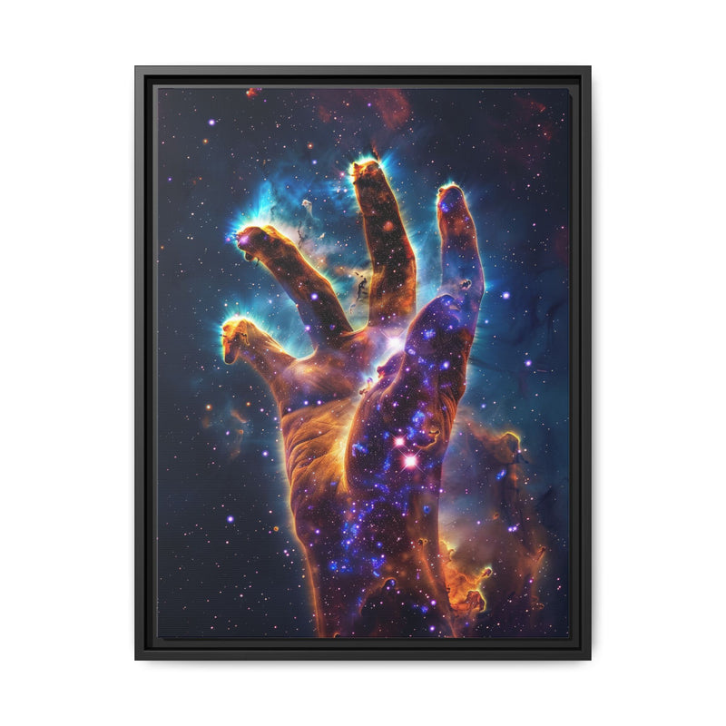 Cosmic Hand Framed Canvas Art — Nebula Space Wall Print