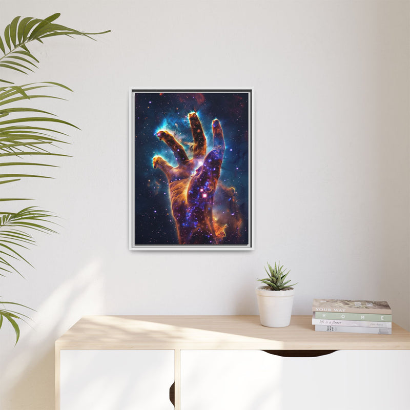 Cosmic Hand Framed Canvas Art — Nebula Space Wall Print